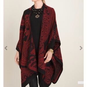 Chicos Red And Black Paisley Jacquard Blanket Ruana Wrap